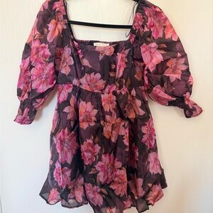Floral Puff-Sleeve Mini Dress in Pink and Black